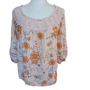 Cato Women's Size XL Peach Floral Peasant Blouse Lace Trim